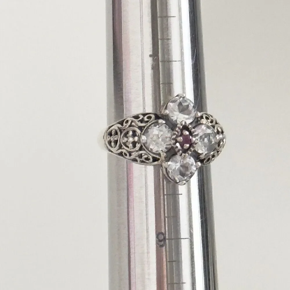 CNA Designer 925 Sterling Silver White Topaz & Ruby Filigree Flower Ring Size 8